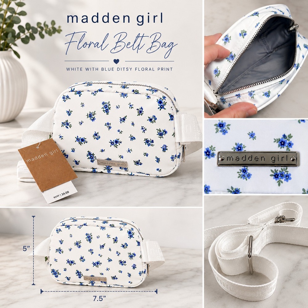 Madden Girl White Blue Ditsy Floral Belt Bag Fanny Pack Crossbody NWT